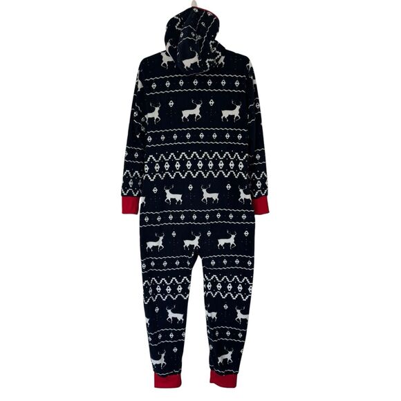 Tipsy Elves Blue Reindeer Fair Isle Jumpsuit Hoodie Christmas Fleece Zipper Lrg - Picture 2 of 10